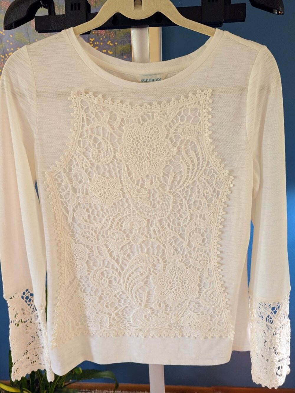Sundance White Cotton Top With Crochet Size Medium!